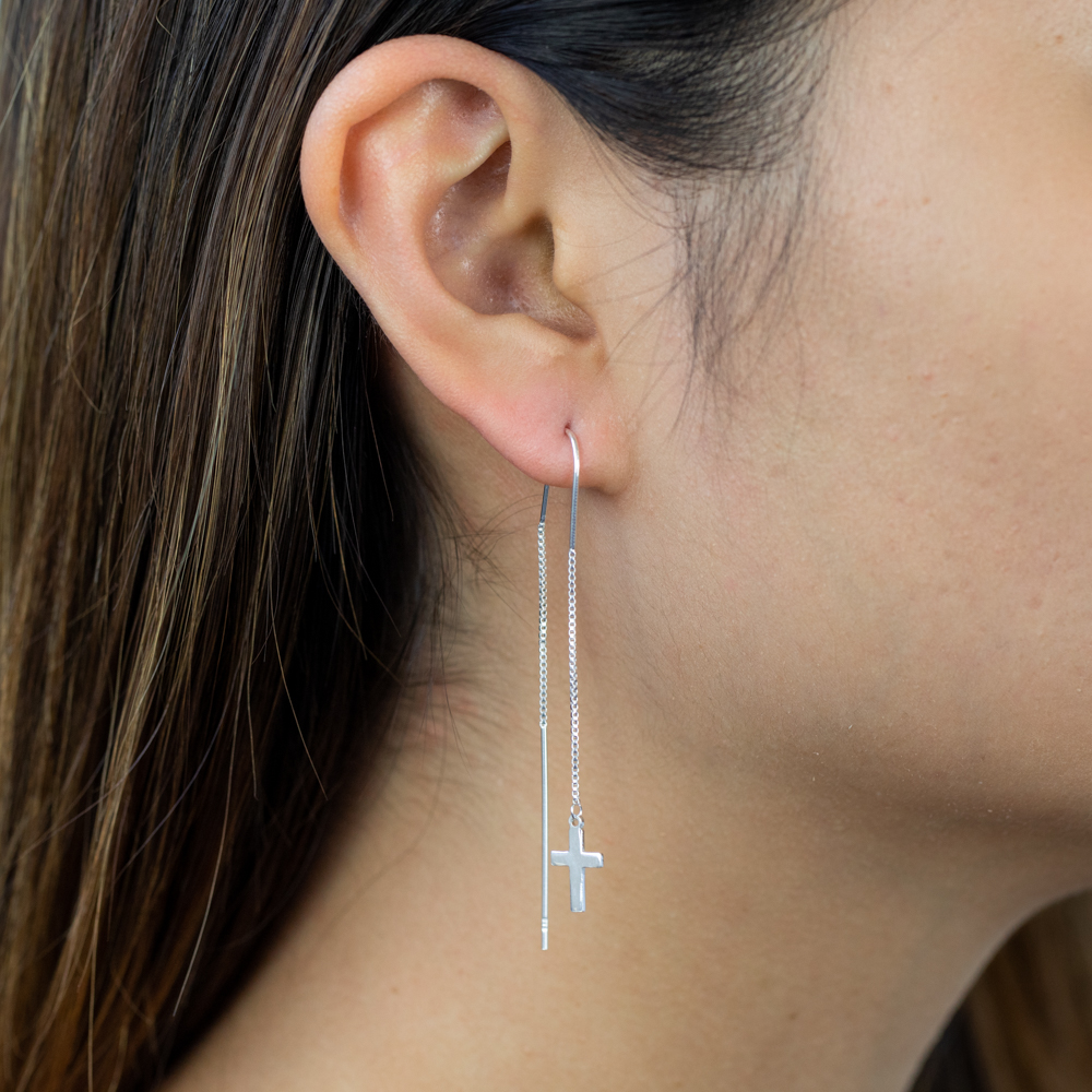 Sterling Silver Cross Threader Drop Earrings