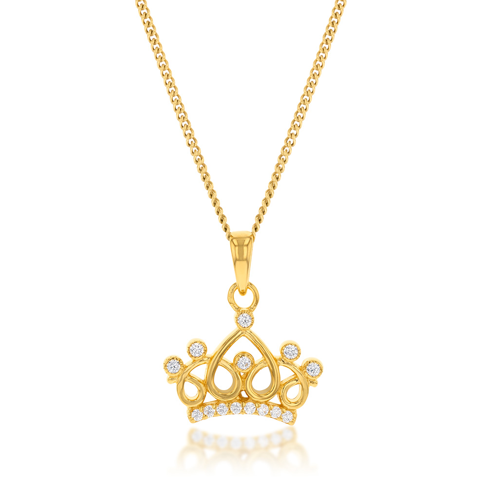 Gold Plated Sterling Silver Fancy Crown With Cubic Zirconia Pendant