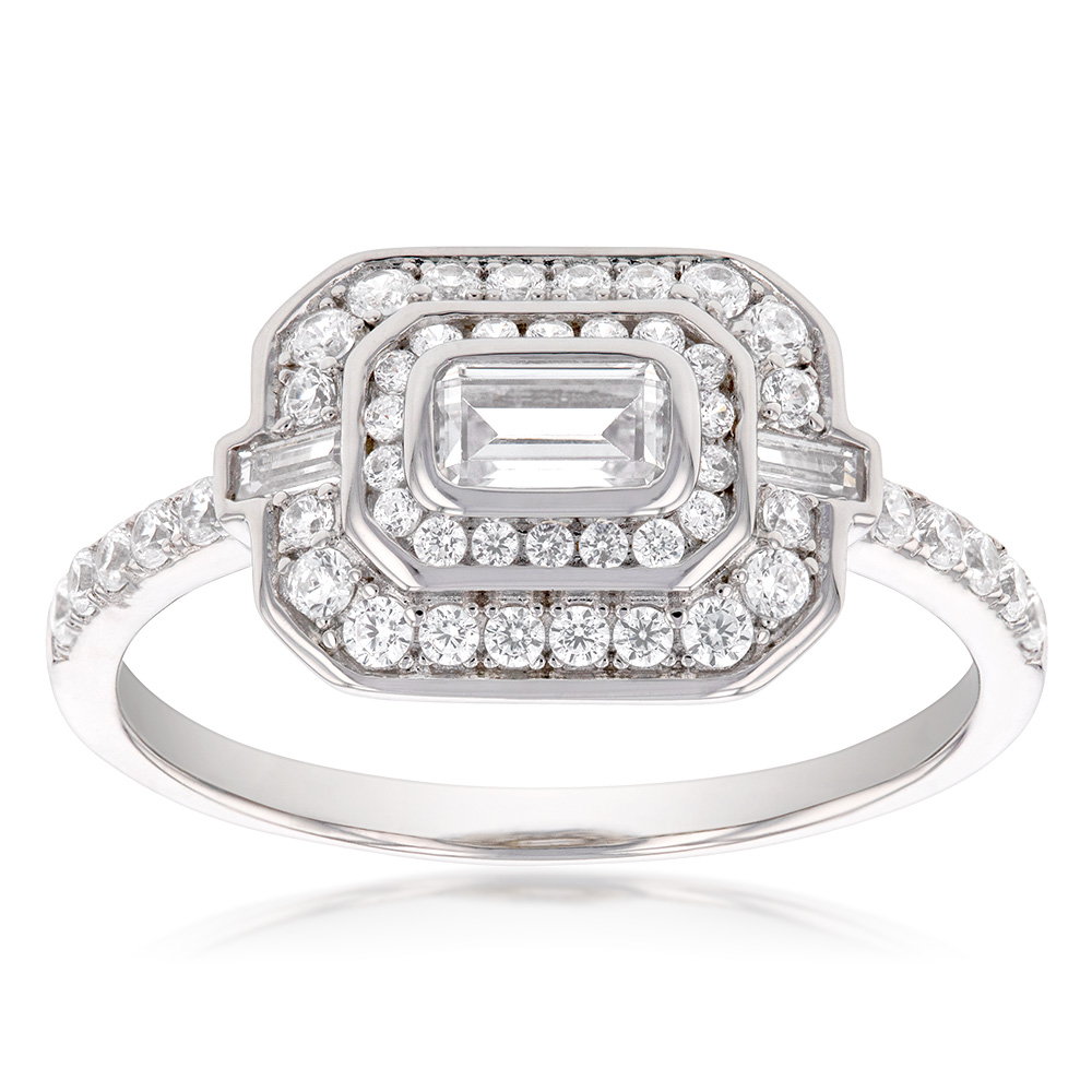 Sterling Silver Rhodium Plated Emerald Cut Cubic Zirconia Ring