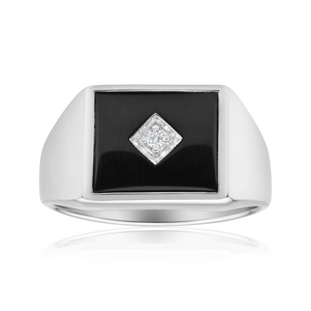 Sterling Silver Cubic Zirconia + Onyx Classic Ring