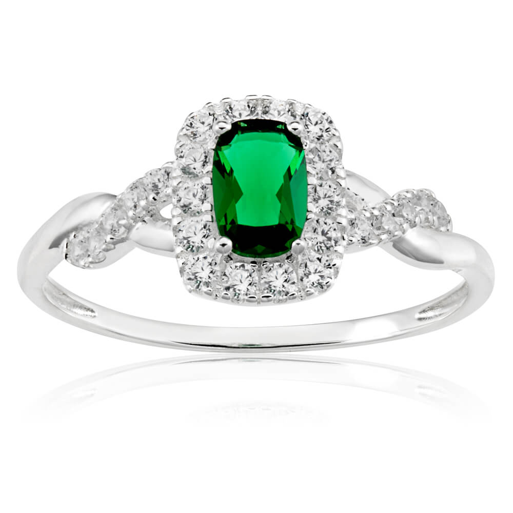 Sterling Silver Created Emerald and Zirconia Ring