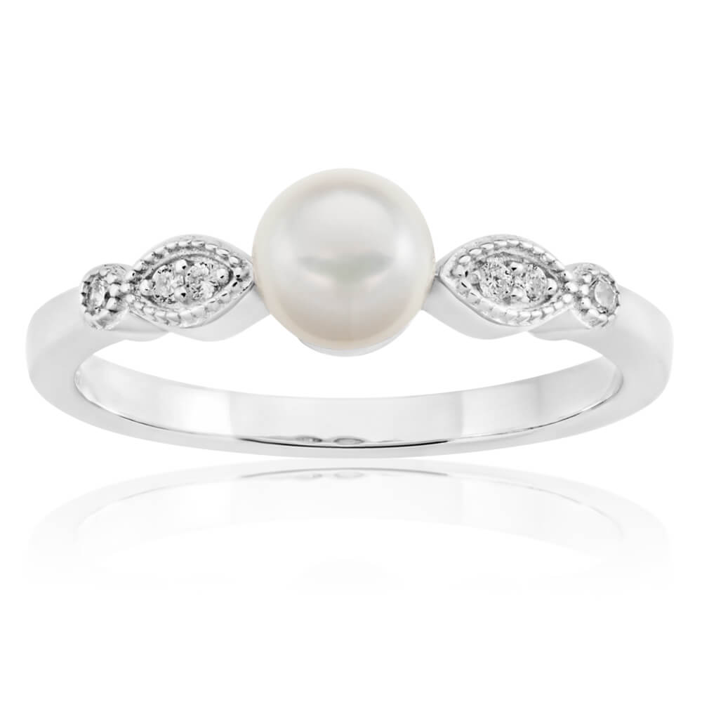 Sterling Silver Rhodium Plated Cubic Zirconia and Freshwater Pearl Ring