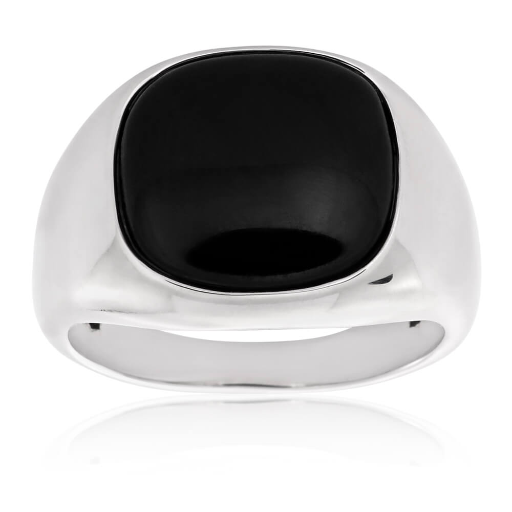 Sterling Silver Rhodium Plated Onyx Gents Ring