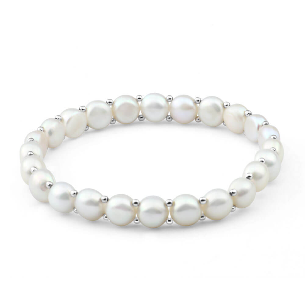 White Freshwater Flat Pearl Stretch Bracelet with Sterling Silver Beads