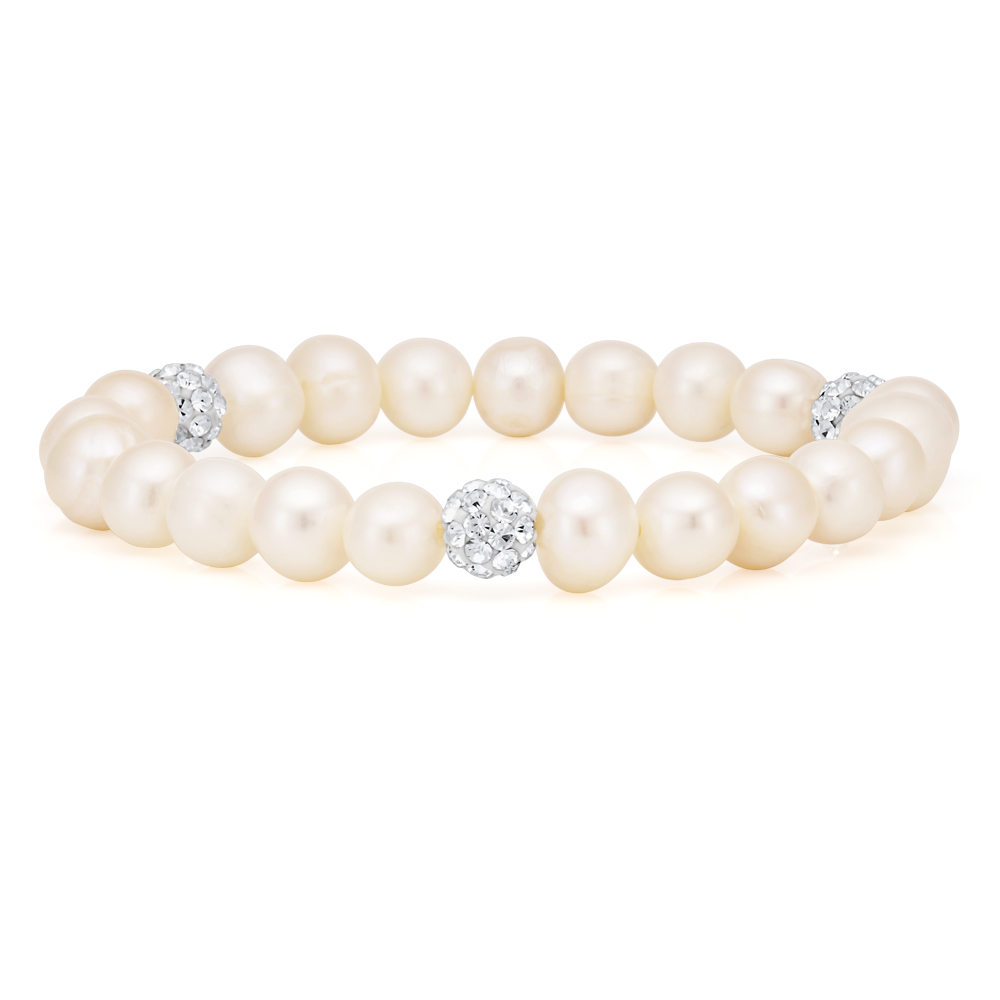 White 7.5-8mm Freshwater Pearl and Crystal Bracelet