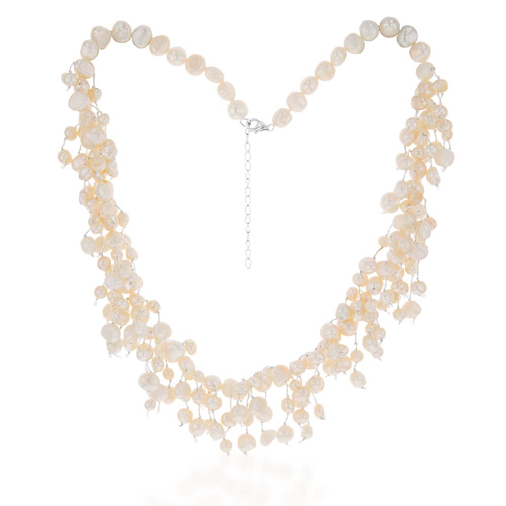Freshwater White Pearl Fringe Cluster Necklace with Sterling Silver Clasp