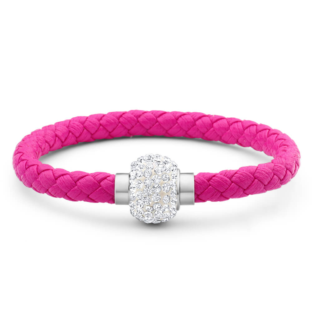 Stainless Steel Crystal Magnetic Pink Leather Fancy Bracelet