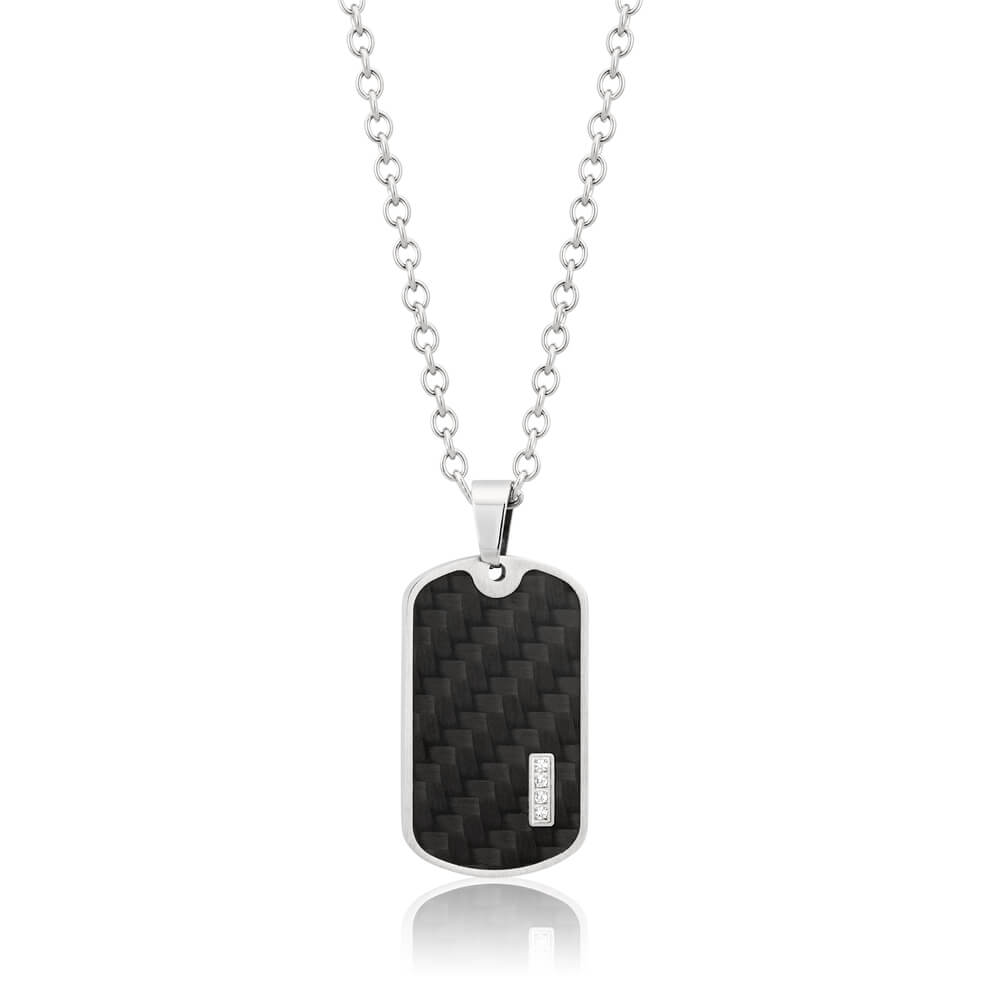 Forte Stainless Steel Carbon Fibre & Cubic Zirconia Dog Tag Pendant With 55cm Chain