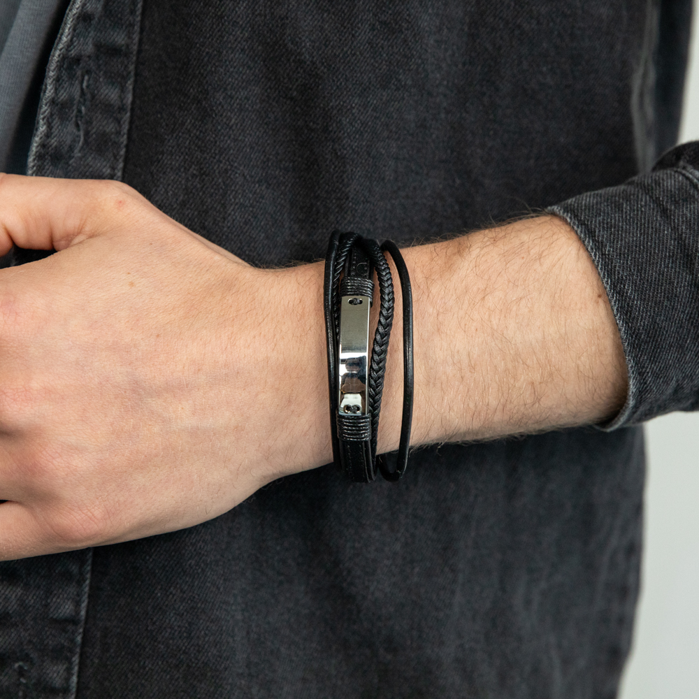 Stainless Steel and Leather Gents Magnetic Black Leather Bracelet with I.D. Plate