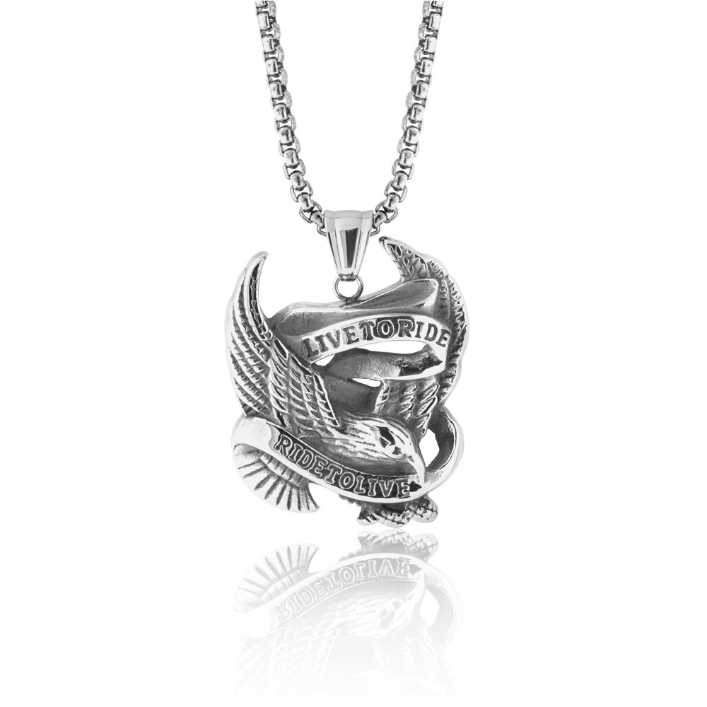 Stainless Steel 'Live to Ride-Ride to Live' Eagle Pendant with Chain