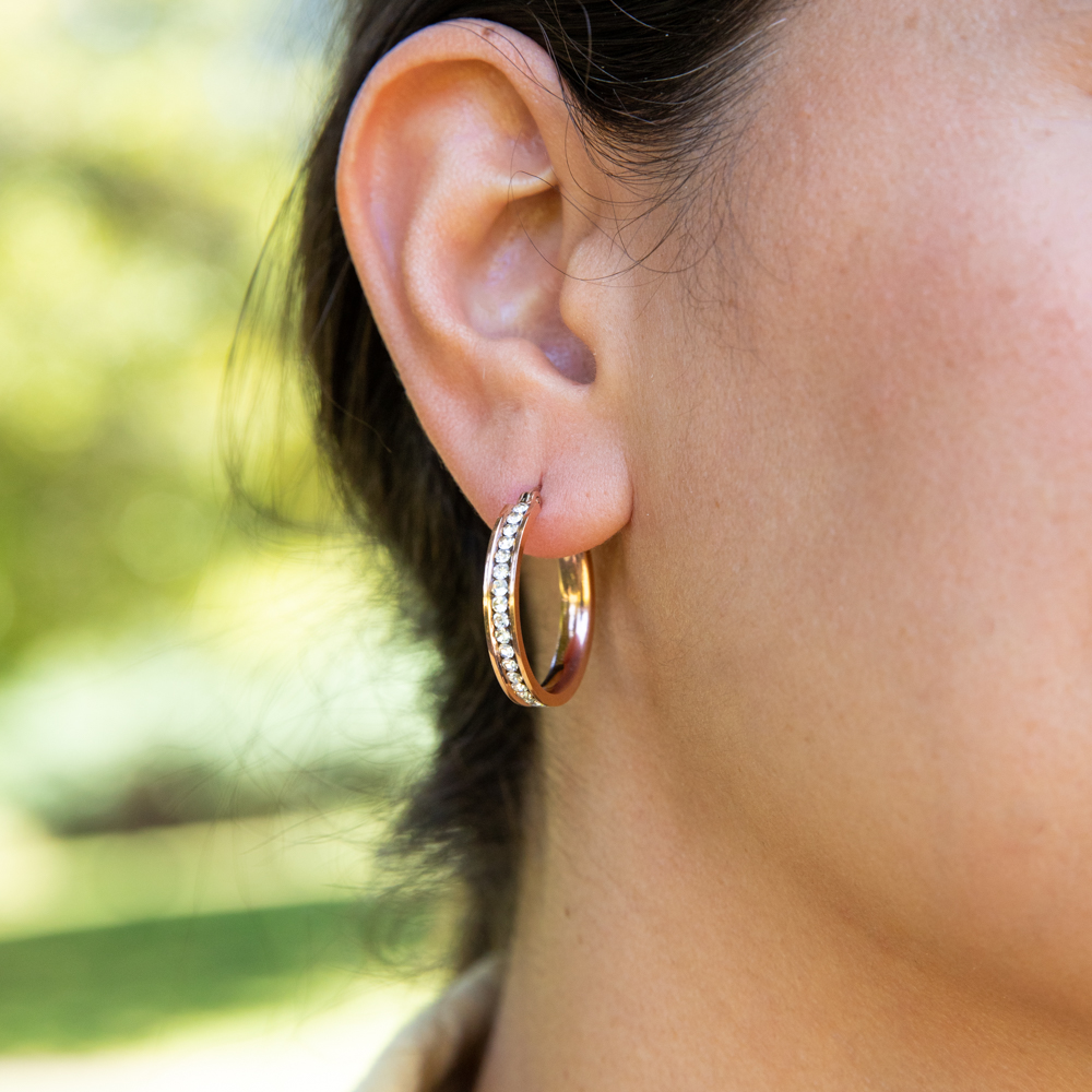 Stainless Steel Rose Gold Plated 25mm Full Circle Crystal Hoop Earrings