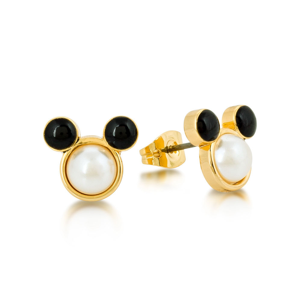 DISNEY Mickey Mouse Simulated Pearl and Black Crystal Stud Earrings